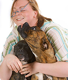 Woman and two affectionate dogs